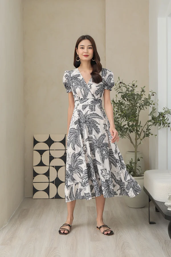 Palm Toile Mono Motifs Midi Dress