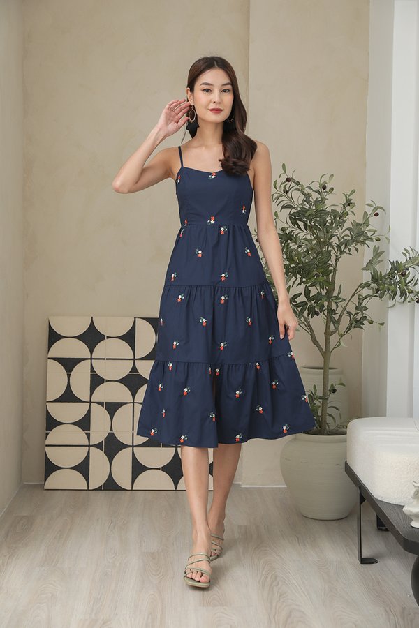 Tiers of Embroidered Joy Midi Dress Navy Blue