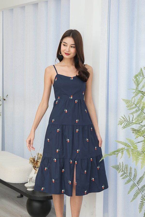 Tiers of Embroidered Joy Midi Dress Navy Blue