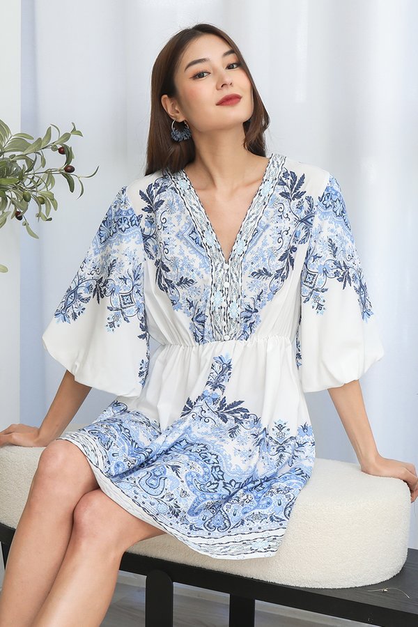 Aegean Azulejos Pristine Porcelain Kimono Kaftan Dress