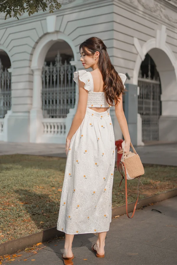 Fluttery Marigold Drops Eyelet Broderie Smock Midi Dress White