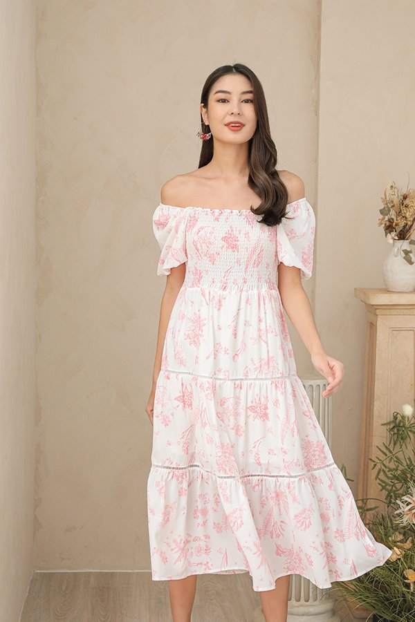 Palm and Pleasure Toile Tier Midi Dress Pink