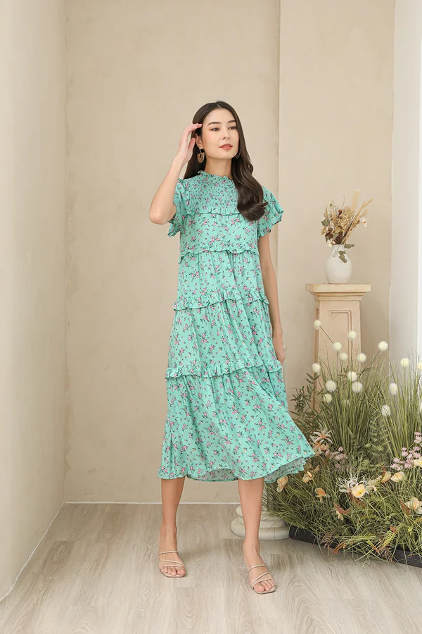 Botanica Grafica Motifs Tier Midi Dress Green