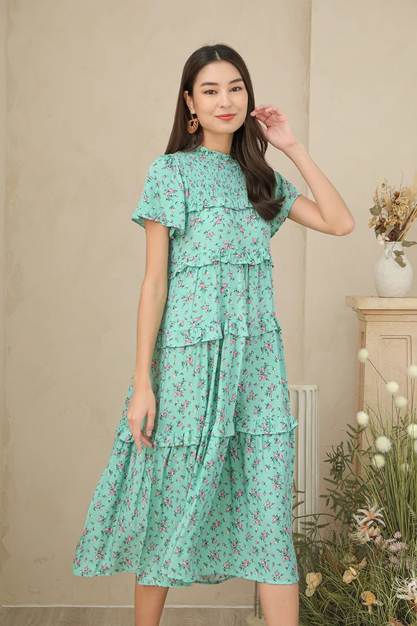Botanica Grafica Motifs Tier Midi Dress Green