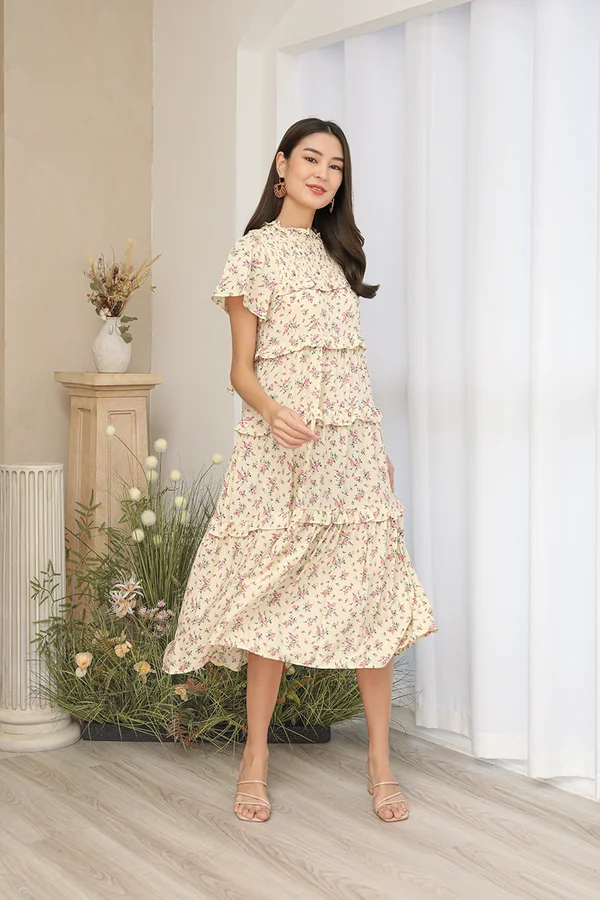 Botanica Grafica Motifs Tier Midi Dress Ecru