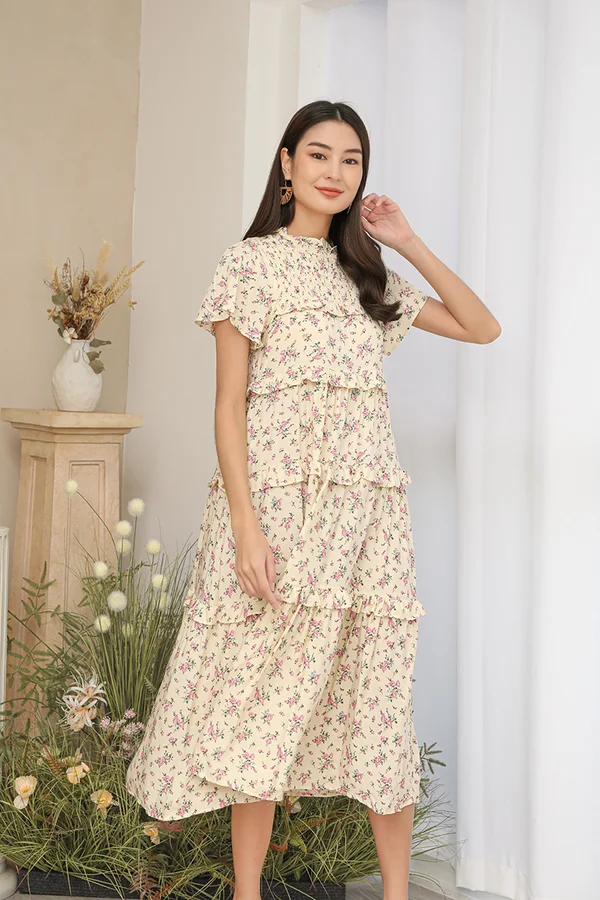 Botanica Grafica Motifs Tier Midi Dress Ecru