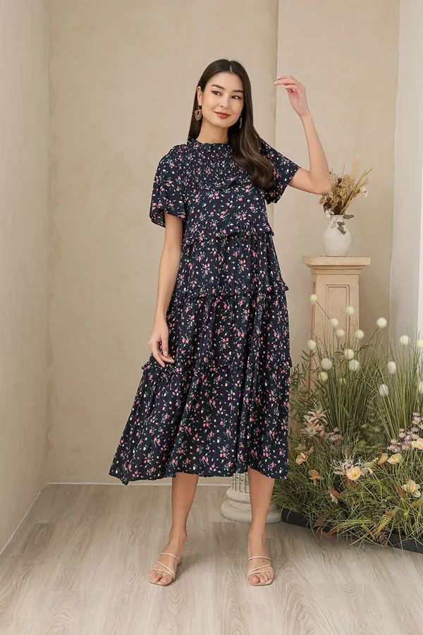 Botanica Grafica Motifs Tier Midi Dress Navy Blue