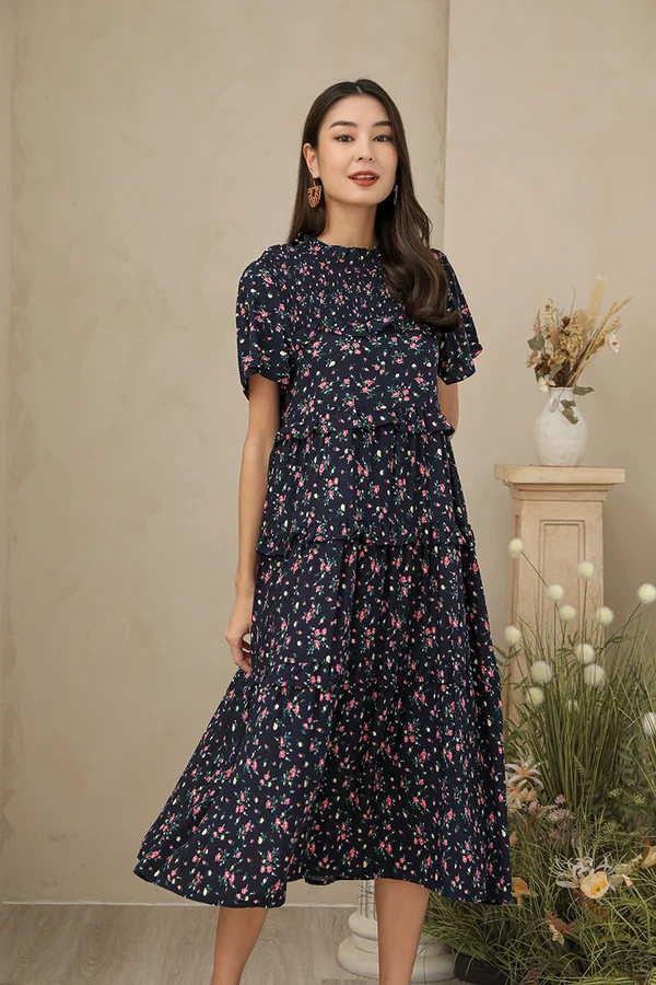 Botanica Grafica Motifs Tier Midi Dress Navy Blue