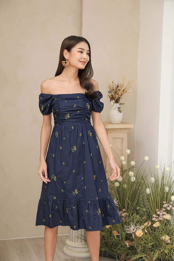 Ruching for Keeps Broderie Midi Dress Navy Blue