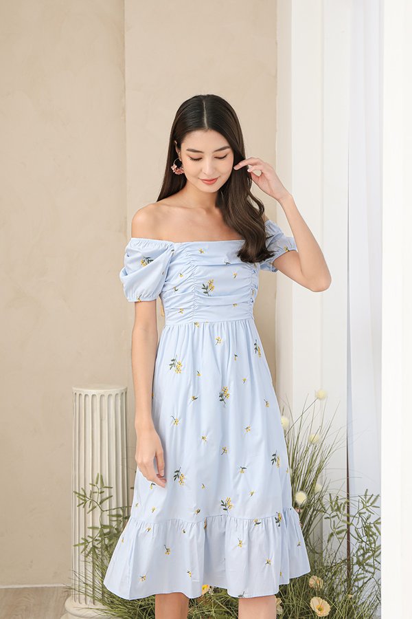 Ruching for Keeps Broderie Midi Dress Pale Blue