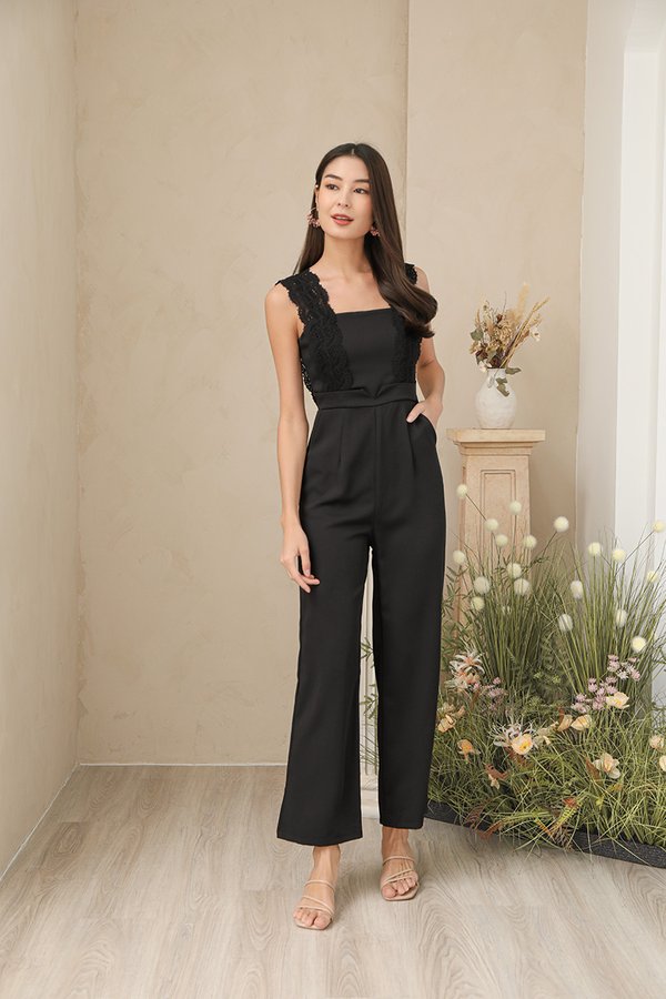 Strapping Poetic Applique Crochet Jumpsuit Black