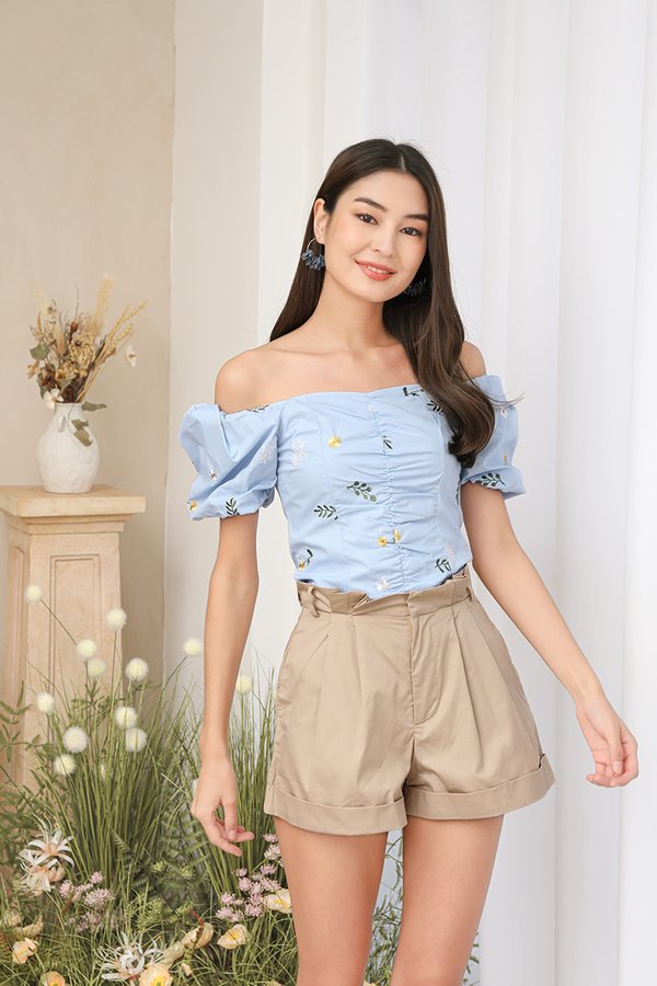 Ripples of Broderie Ruched Top Blue