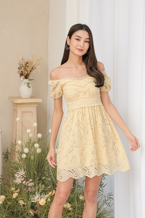 Ethereal Eyelet Elements Scallop Lace Dress Yellow