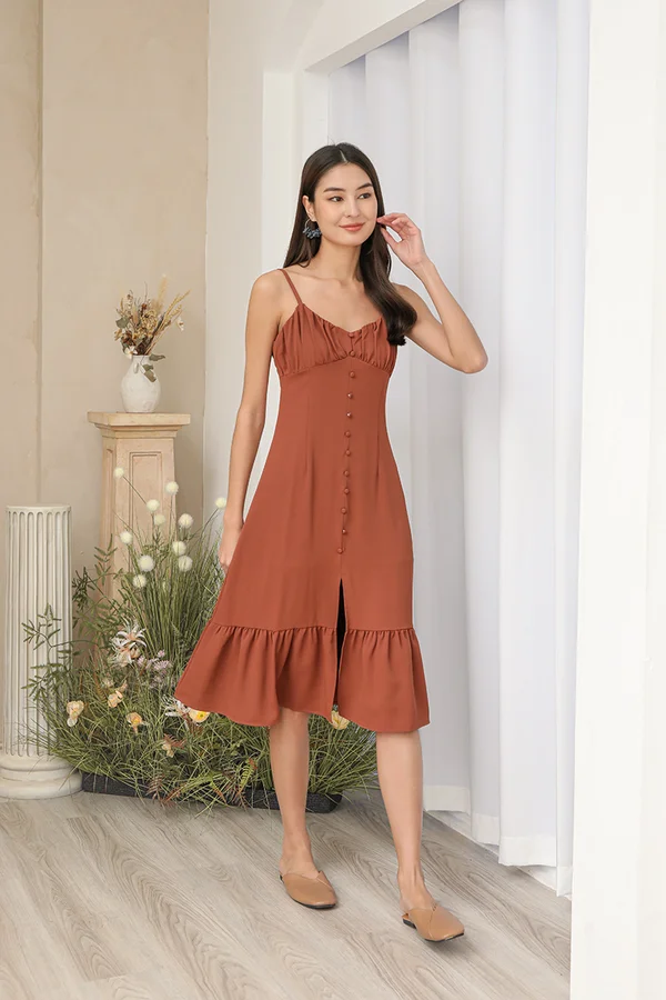 Magic Flattering Formula Buttons Ruffle Dress Rust