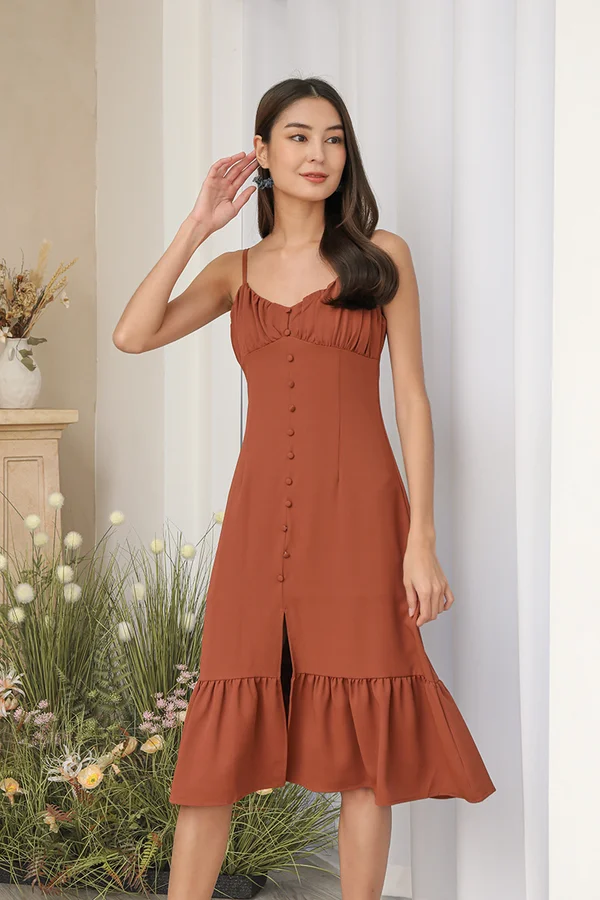 Magic Flattering Formula Buttons Ruffle Dress Rust