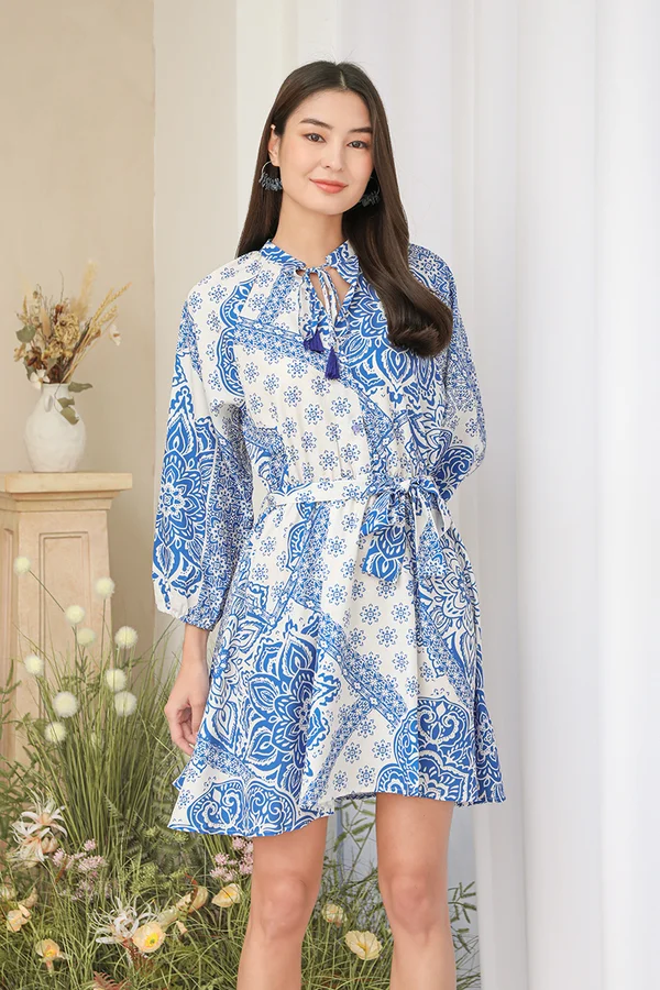 Mediterranean Mosaics Tile Prints Blouson Dress