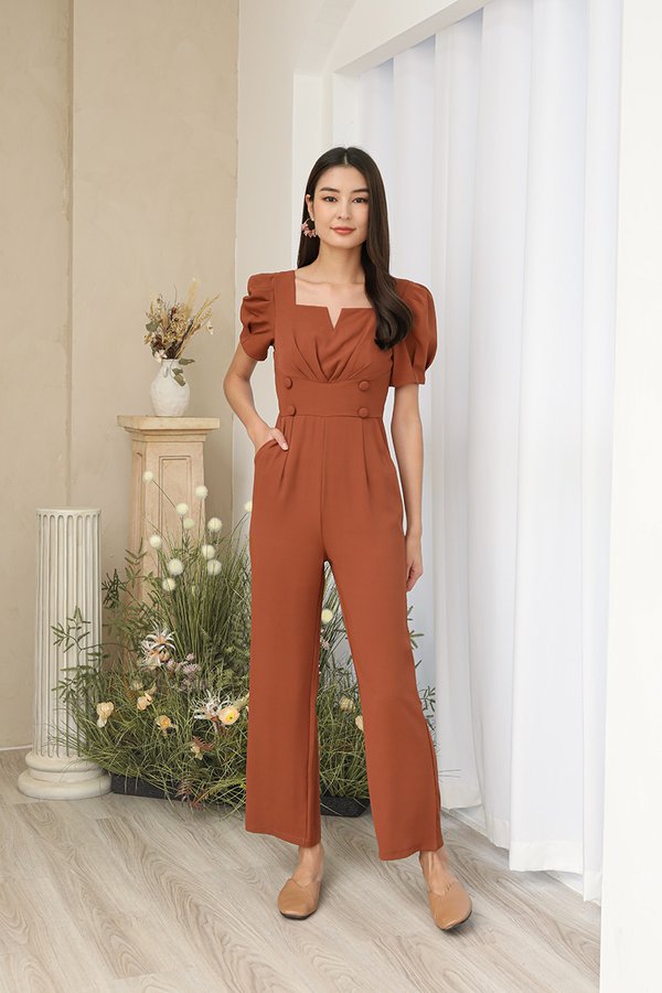 Here Comes the Stride Button Jumpsuit Rust
