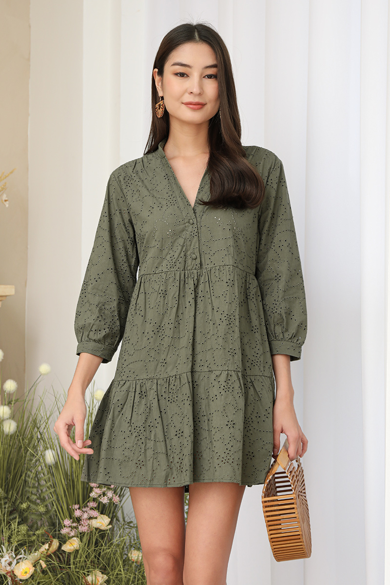 Olive All Rounder Eyelets Blouson Tier Dress lechicsg