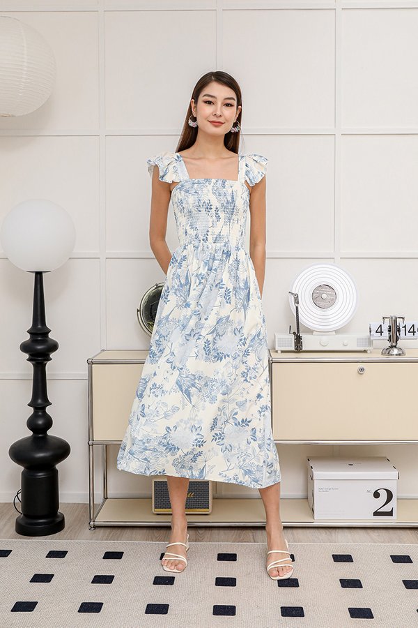 Fluttery Lightfooted Notes Toile Smock Maxi Dress