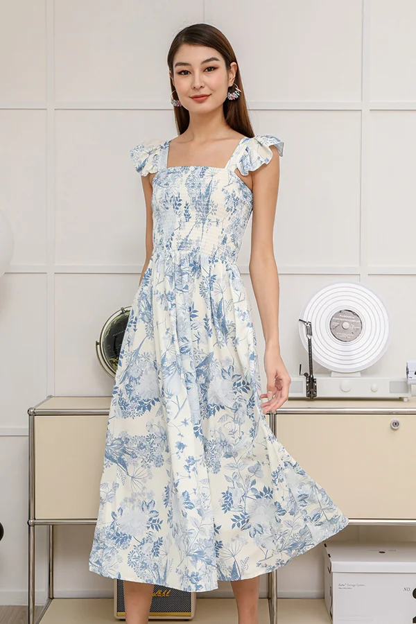 Fluttery Lightfooted Notes Toile Smock Maxi Dress