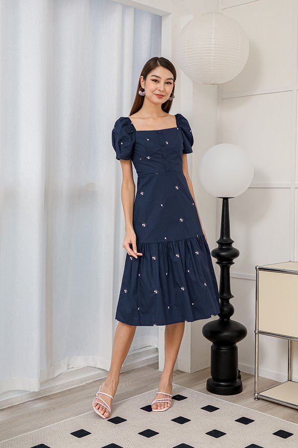 Cherrypicked Sakura Motifs Broderie Midi Dress Navy Blue