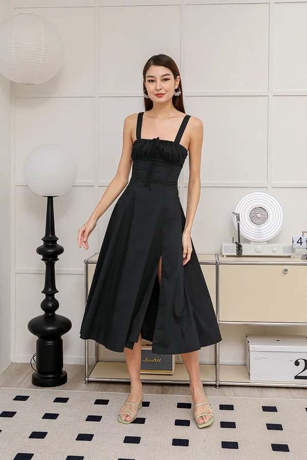 Solid Santorini Skies Laceup Back Midi Dress Black
