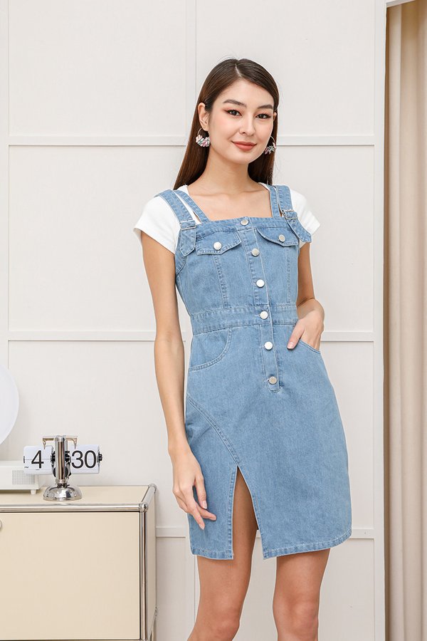 Pinup Pinafore Style Denim Overall Dress Midwash