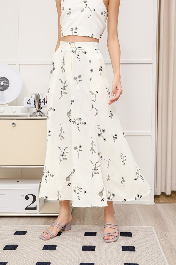 Sketched Sceneries Illustrated Embroidery Midi Skirt
