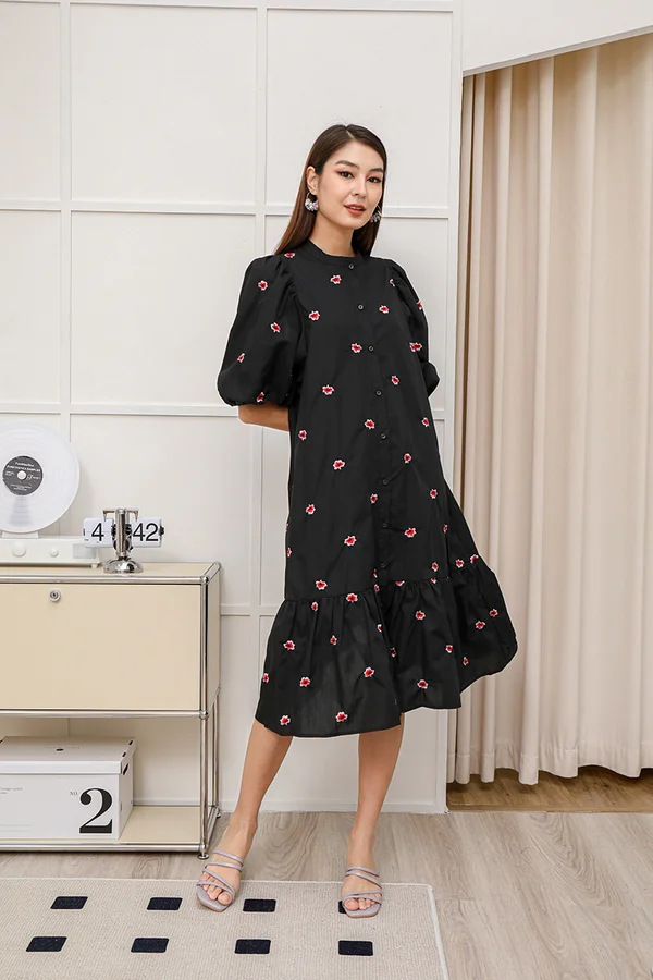 Woodland Whimsy Broderie Button Dropwaist Blouson Dress Black