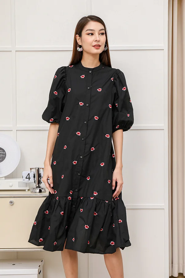 Woodland Whimsy Broderie Button Dropwaist Blouson Dress Black