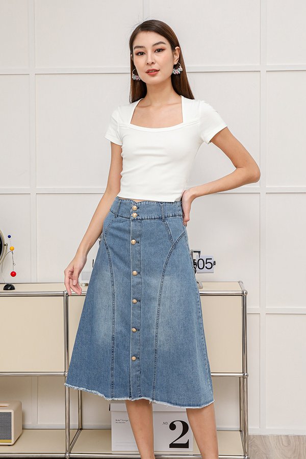 For Better or For Worn Button Denim Midi Skirt