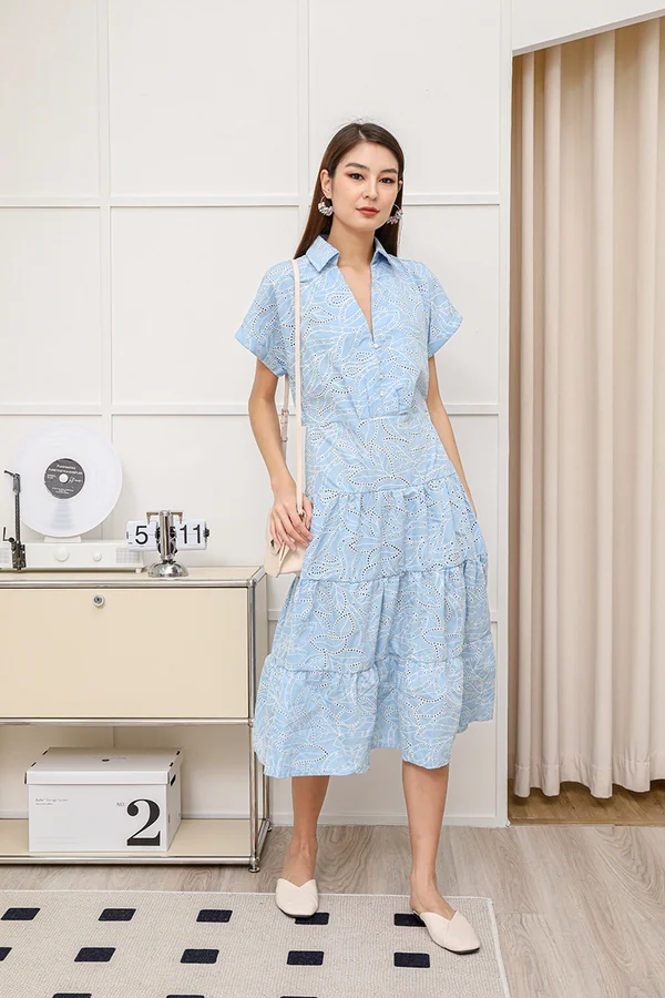 Exquisitely Lyrical Leaves Eyelet Tier Shirt Dress