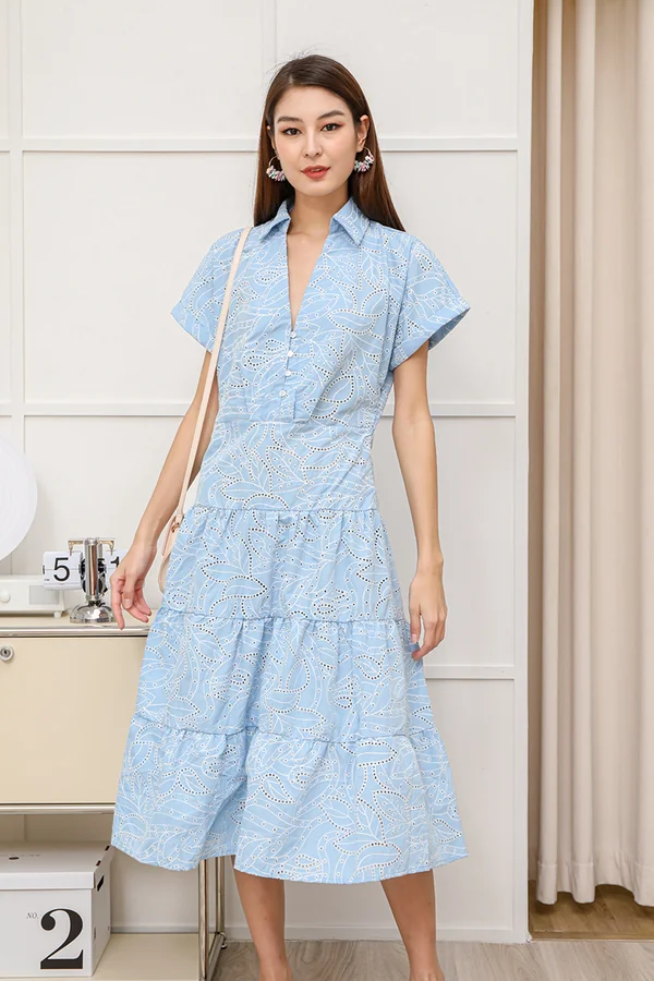 Exquisitely Lyrical Leaves Eyelet Tier Shirt Dress