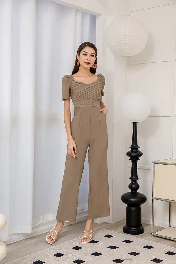 Pleat Streaked Cross Front Wrap Jumpsuit Taupe Grey