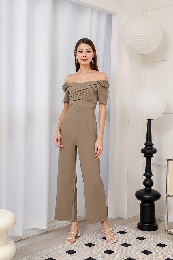 Pleat Streaked Cross Front Wrap Jumpsuit Taupe Grey