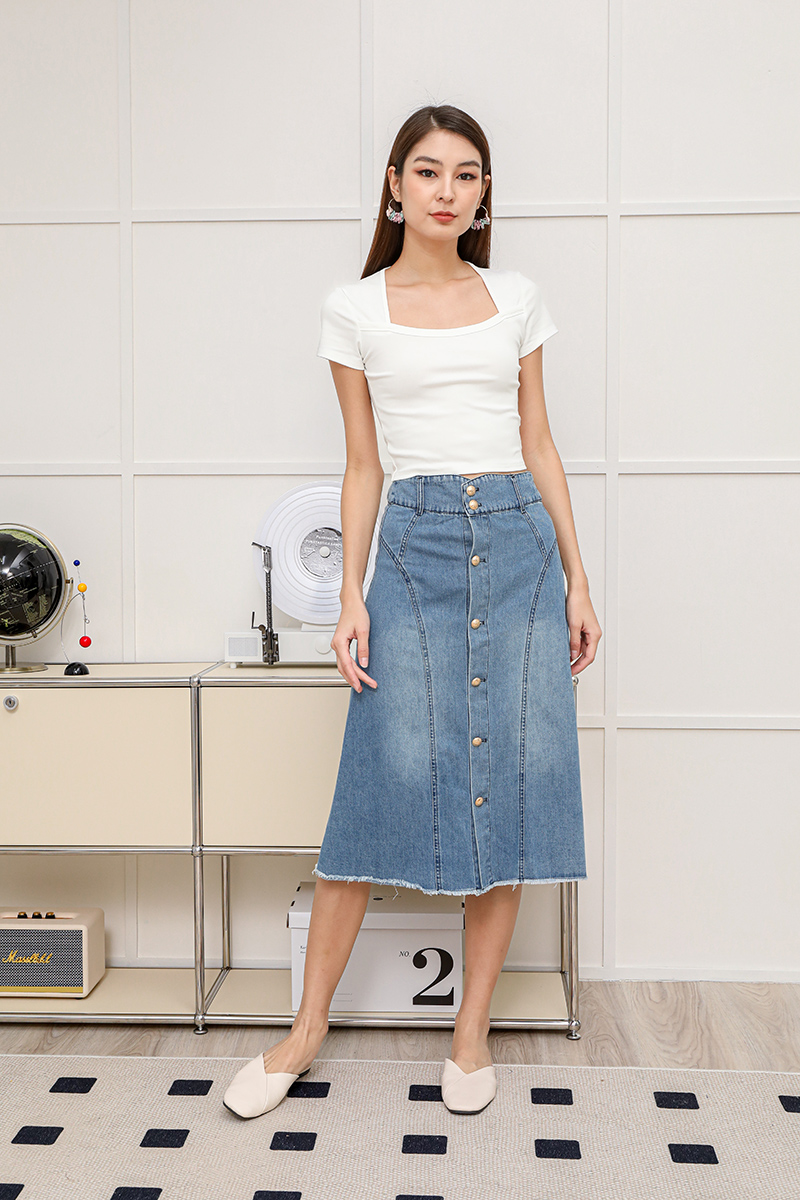 Vintage Washed Denim Button Front Midi Skirt