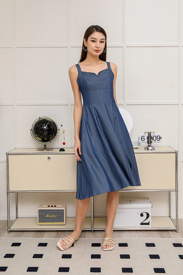 Denim Dreamboat Buckle Strap Swing Dress Mid Indigo