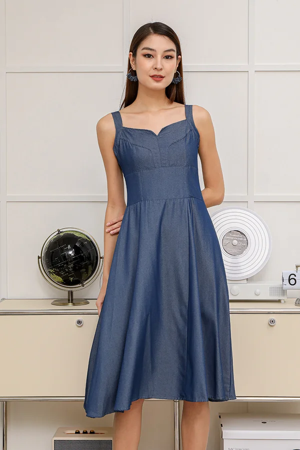 Denim Dreamboat Buckle Strap Swing Dress Mid Indigo