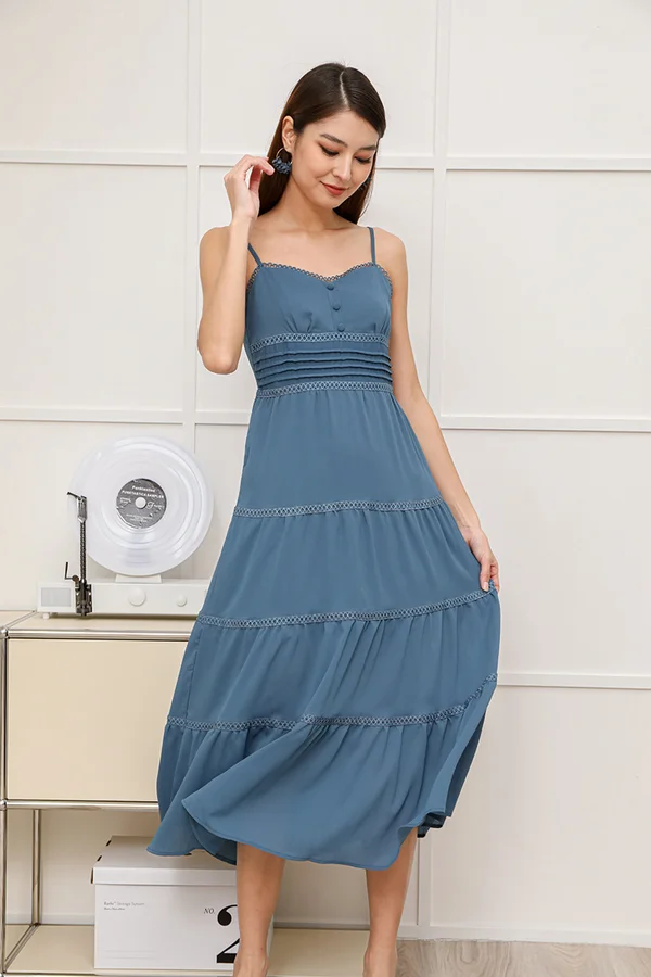 Tier Thoughts and Swishes Midi Dress Steel Blue