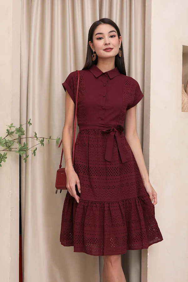 Eyelets Literary Romantic Dropwaist Shirt Dress Burgundy Red