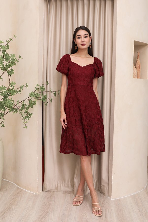 Your Lace Graces Tonal Broderie Dress Burgundy Red