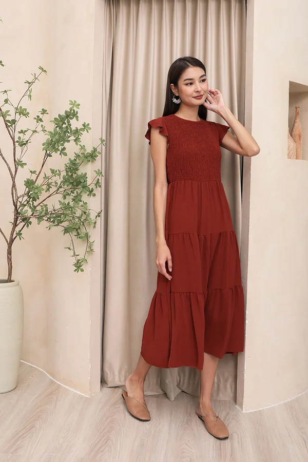 Trinity of Tiers Smock Flutter Maxi Dress Rust
