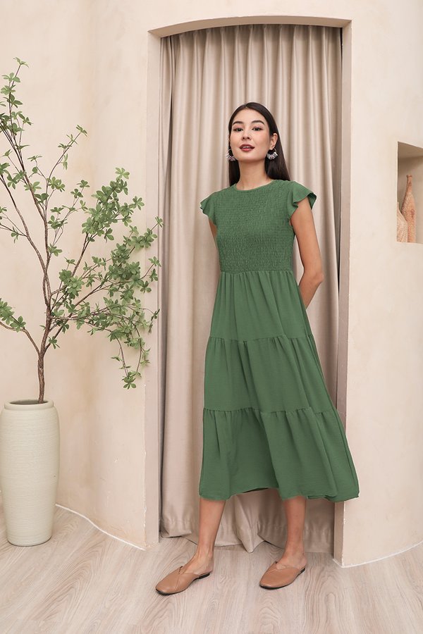 Trinity of Tiers Smock Flutter Maxi Dress Olive Green
