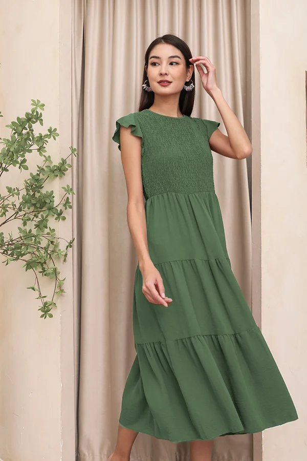 Trinity of Tiers Smock Flutter Maxi Dress Olive Green