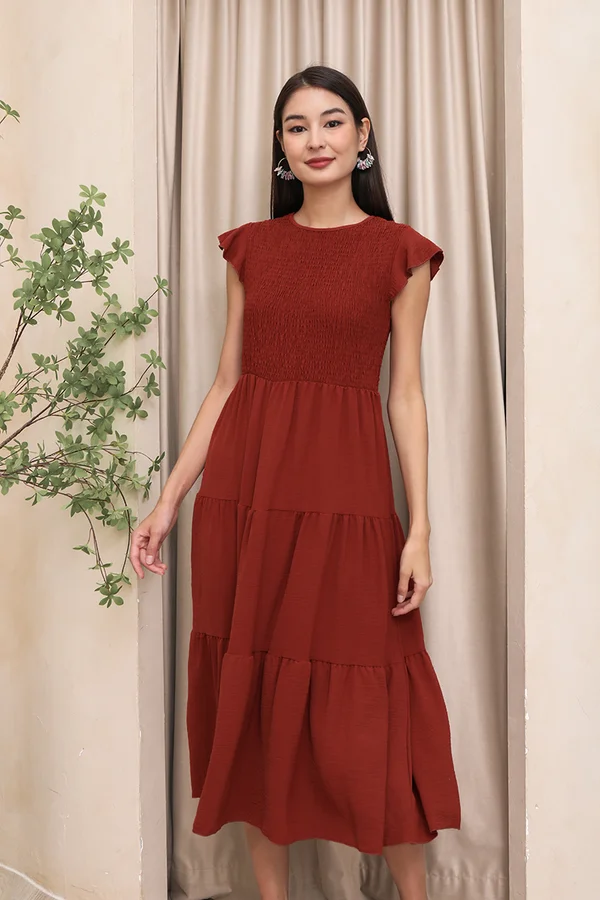 Trinity of Tiers Smock Flutter Maxi Dress Rust