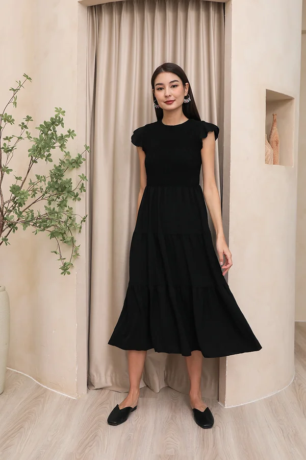 Trinity of Tiers Smock Flutter Maxi Dress Black