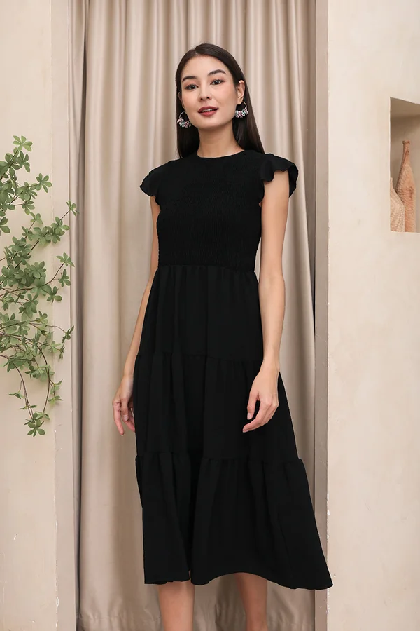 Trinity of Tiers Smock Flutter Maxi Dress Black