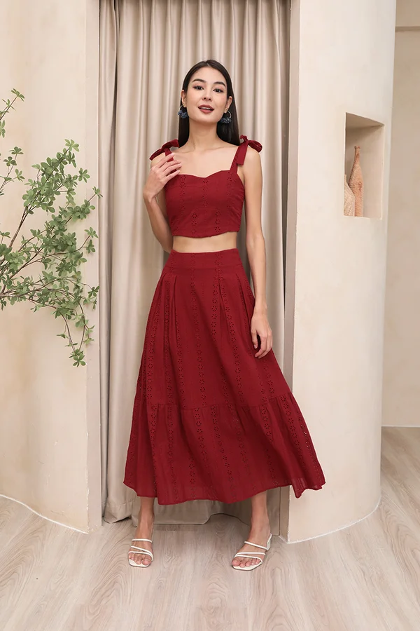 Seeking Saturation Eyelet Panels Pleated Midi Skirt Burgundy Red