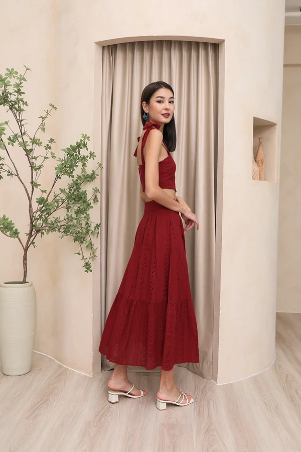 Seeking Saturation Eyelet Panels Pleated Midi Skirt Burgundy Red