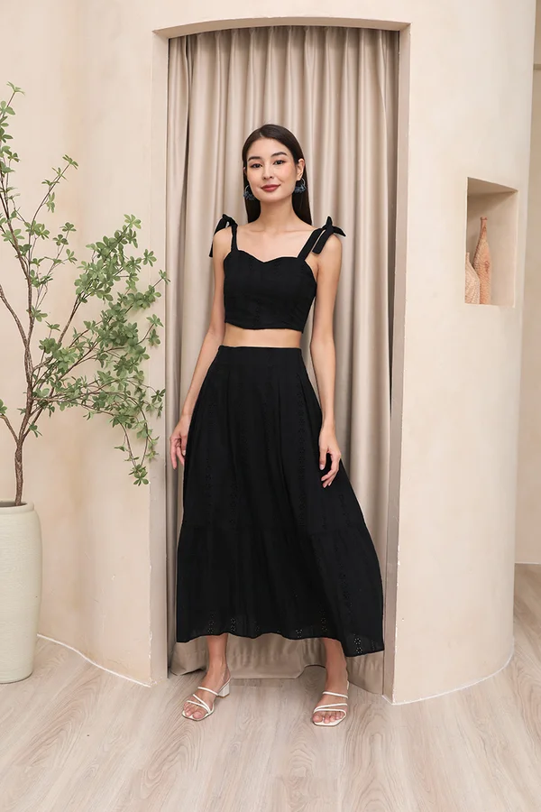 Seeking Saturation Eyelet Panels Curve Crop Top Black